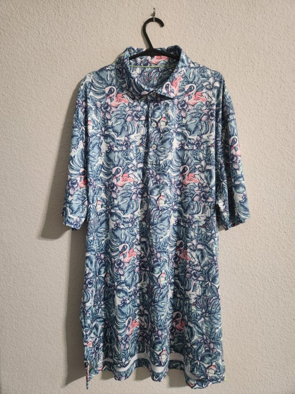 Johnnie-O Raymond Printed Golf Polo Blue Tropical Floral Flamingo pattern Large